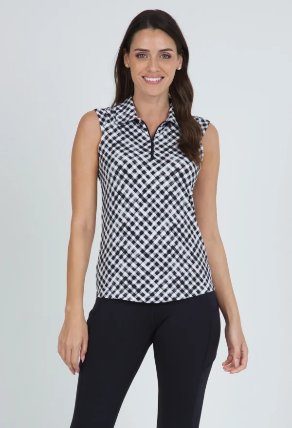 LADIES GINGHAM CHECK PRINT SLEEVELESS POLO - Image 10