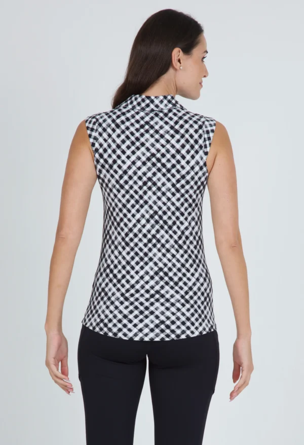 LADIES GINGHAM CHECK PRINT SLEEVELESS POLO - Image 9