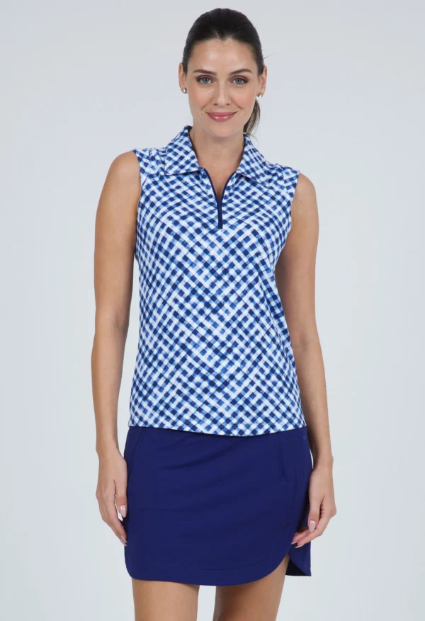 LADIES GINGHAM CHECK PRINT SLEEVELESS POLO - Image 4