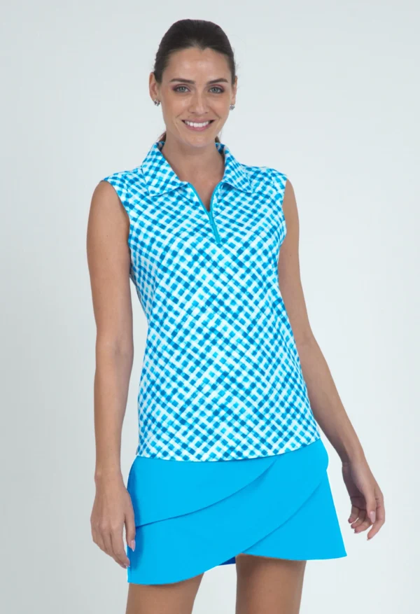 LADIES GINGHAM CHECK PRINT SLEEVELESS POLO