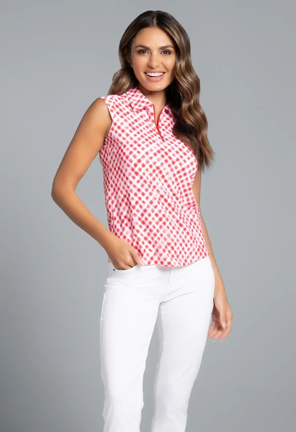 LADIES GINGHAM CHECK PRINT SLEEVELESS POLO - Image 3